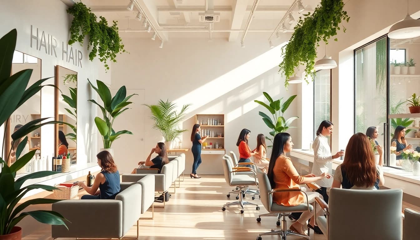 A luxurious hair salon in San Diego showcasing diverse clients enjoying haircuts and services in a stylish environment.