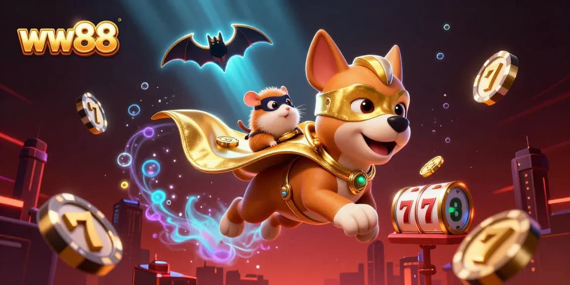 Win big at ww88 as a superhero dog explores a vibrant casino world filled with games and excitement.