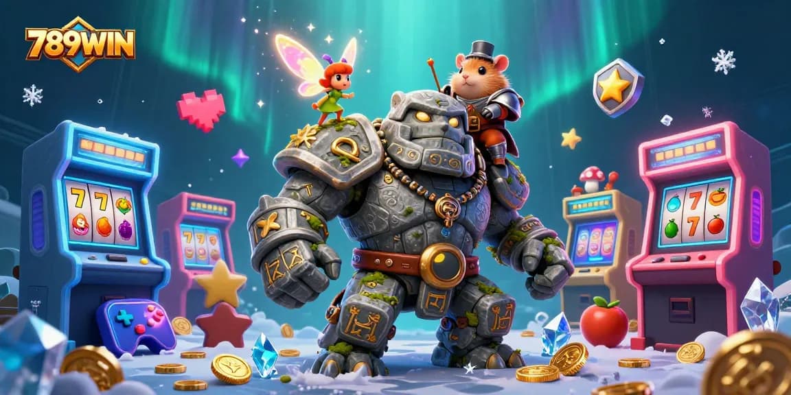 Experience the thrill of 789WIN with a dynamic 3D scene featuring a golem guardian and magical elements.