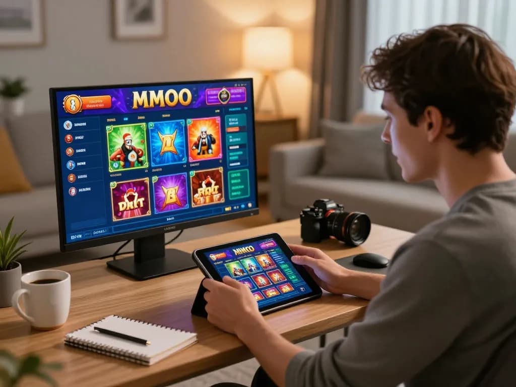 Player enjoying an online casino experience with MMOO on a tablet in a cozy home office setting.