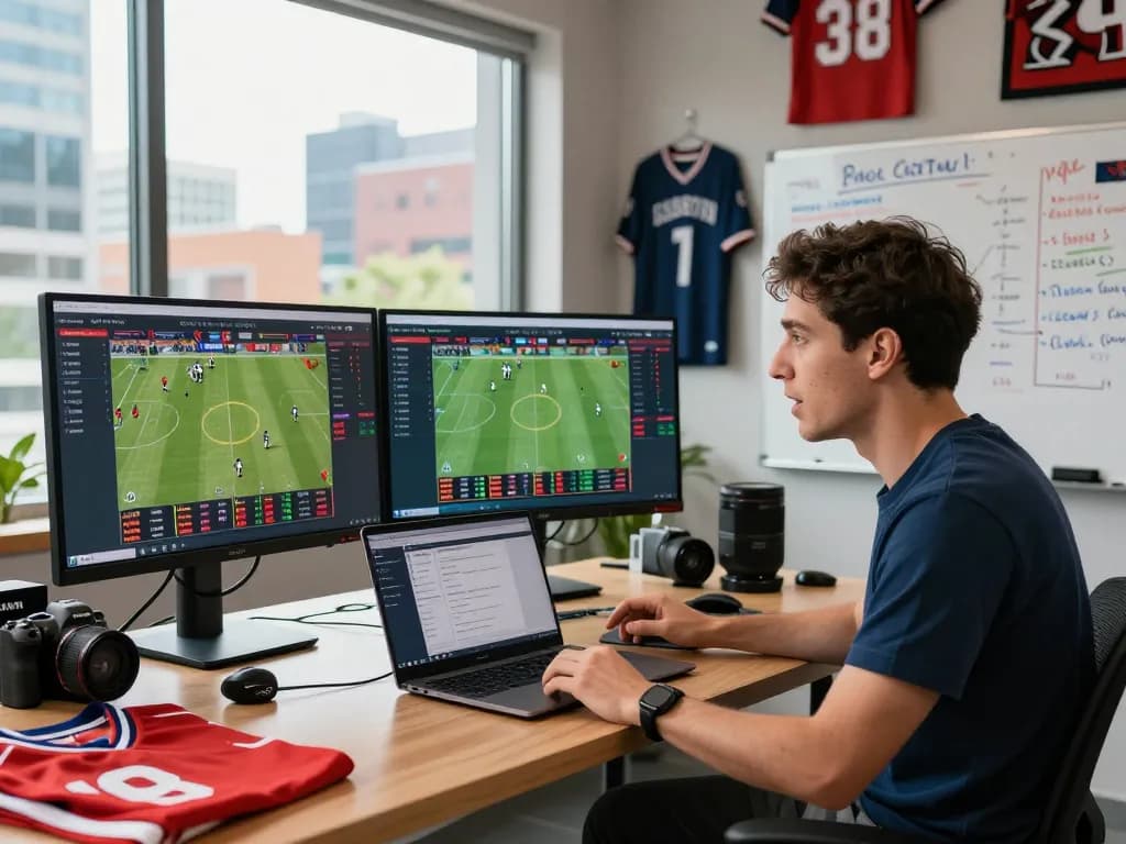Exciting sports betting workspace with live odds and analysts discussing strategies using fabet software.