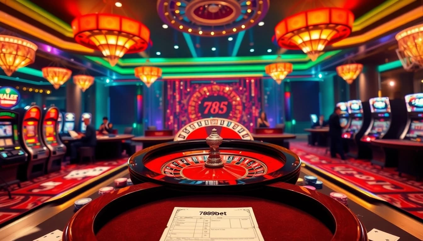 Engaging scene of gamblers at 789bet tours casino featuring vibrant roulette wheel and table games.