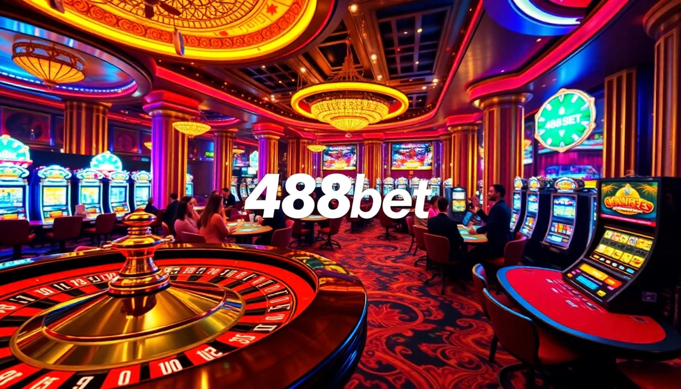 Jugadores disfrutando de una experiencia de juego emocionante en el lujoso casino 488bet, celebrando victorias con energía vibrante.