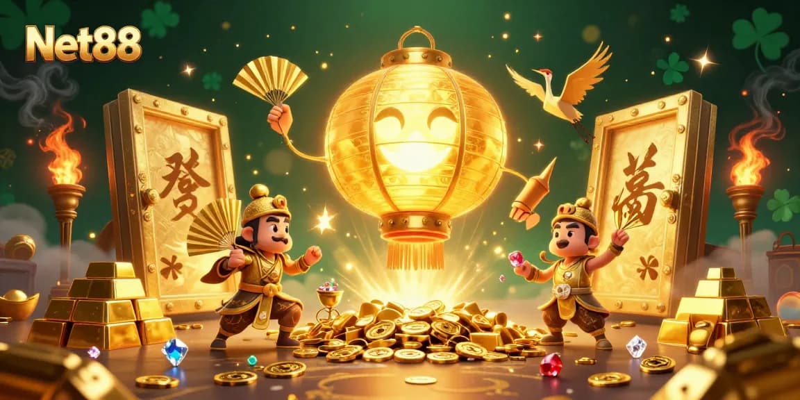 Experience the thrilling ambiance of Net88 through a dynamic casino scene filled with golden treasures and vibrant characters.