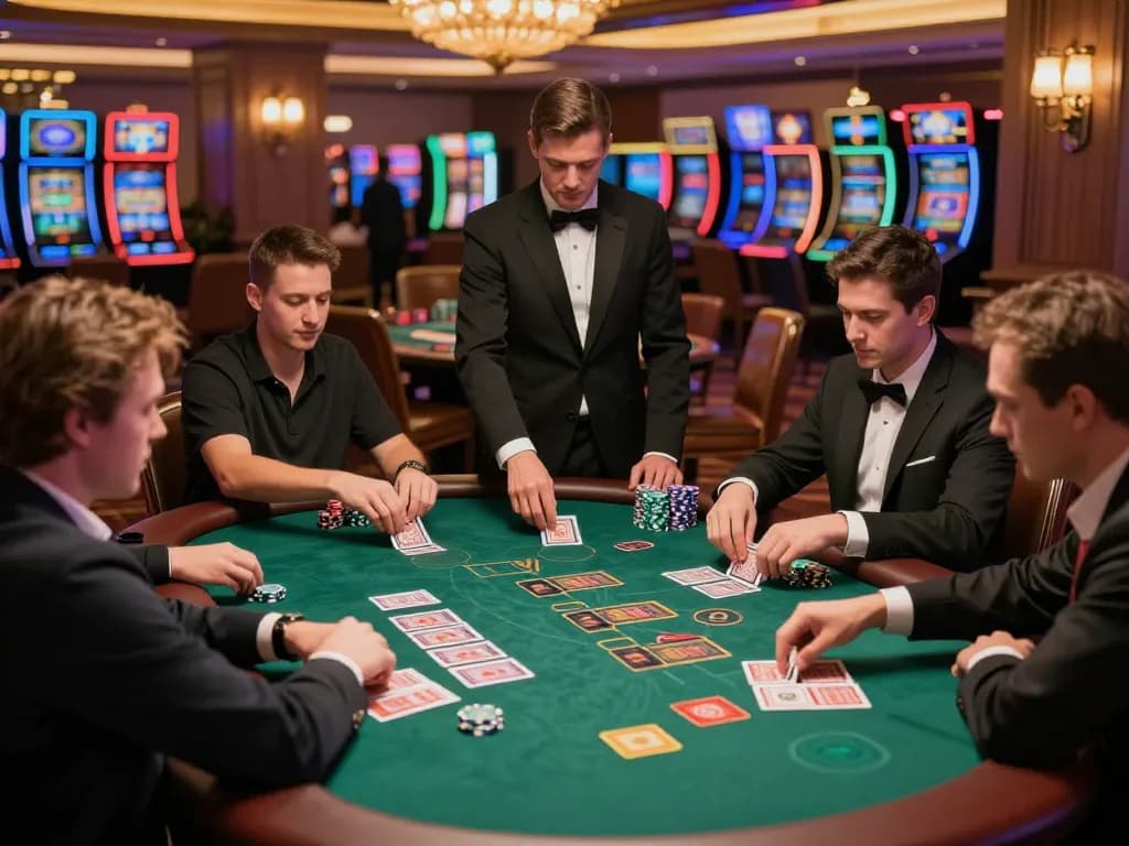 Players at lu88 casino engaged in a serious blackjack game, showcasing strategy and excitement.