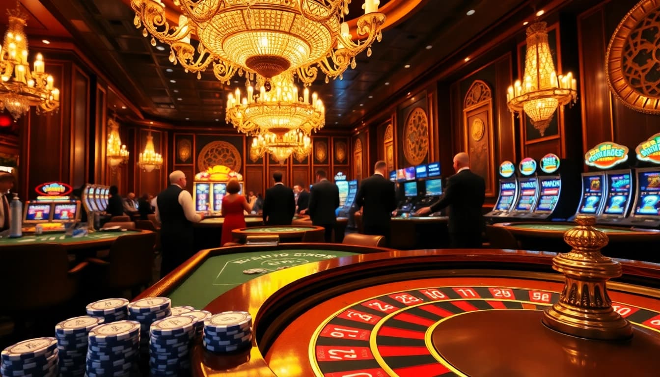 Engaging B52 players at a luxurious casino table with vibrant elements and chips.