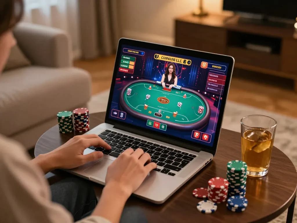 Engaging in online gaming with go 88 on a stylish laptop, showcasing poker tables and a cozy atmosphere.