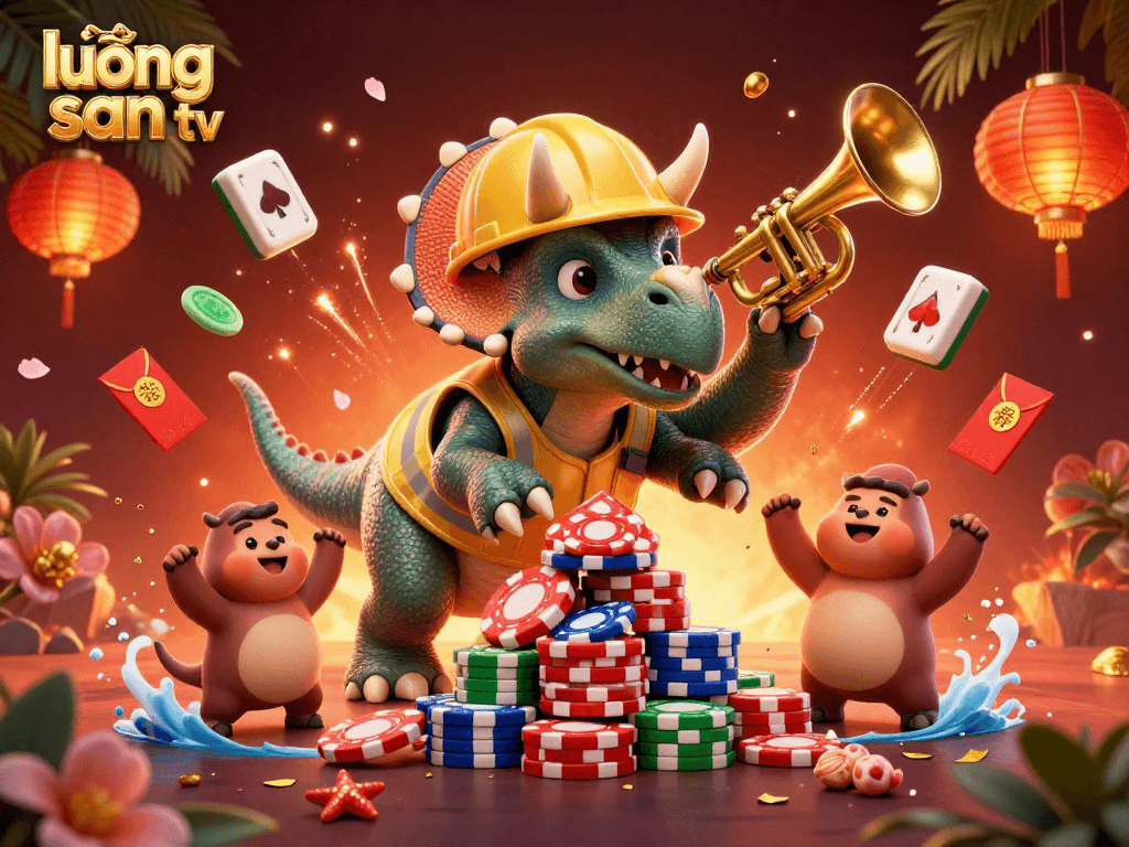 Experience thrilling gameplay with lương sơn tv, featuring cheering dinosaurs and vibrant casino elements.