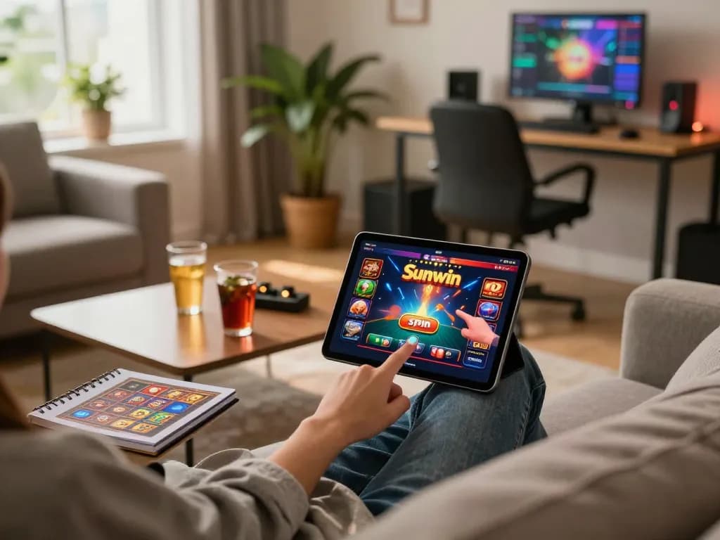 Engaging user playing Sunwin casino on tablet, showcasing online gambling experience at home.