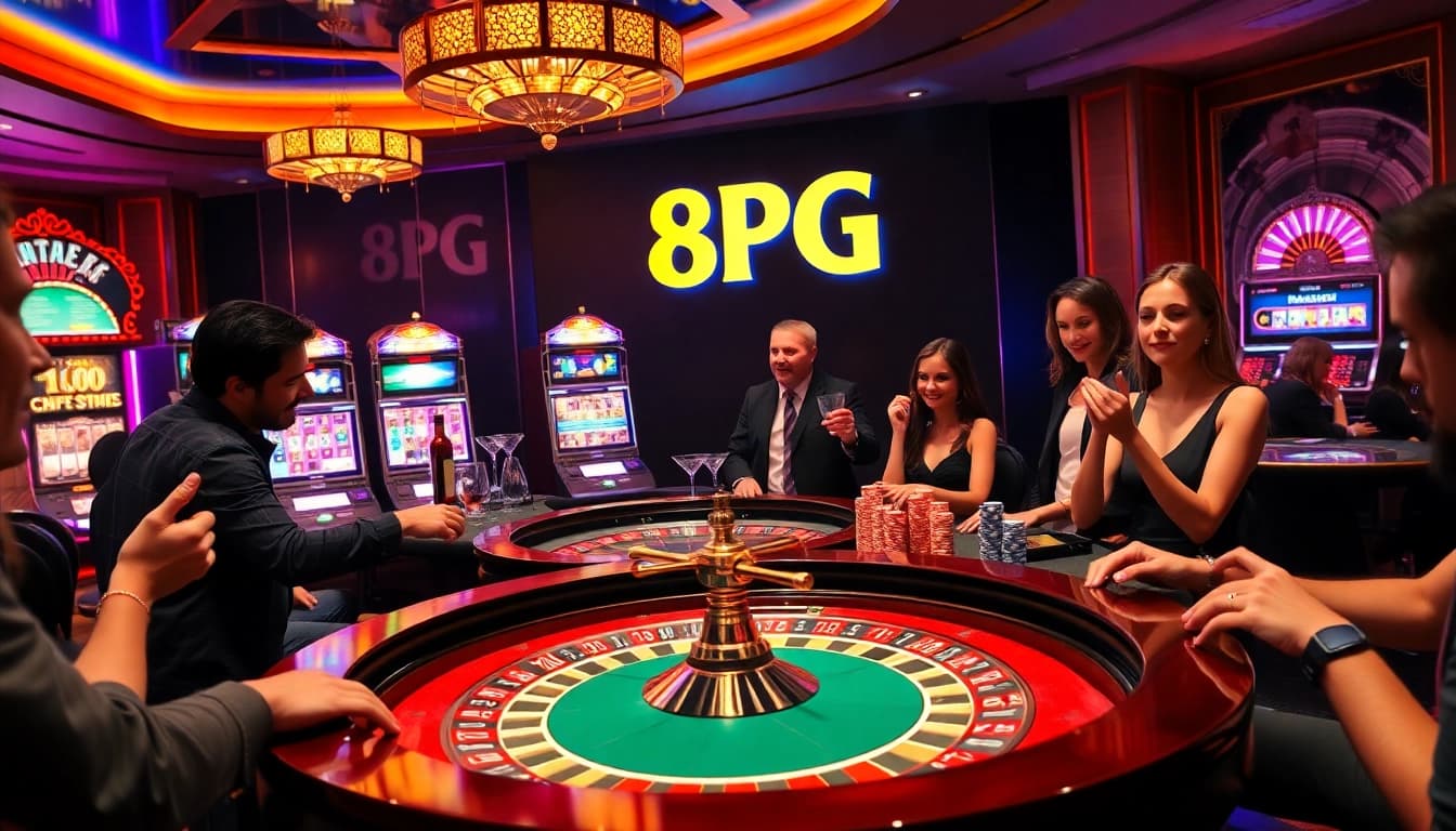 Jugadores entusiasmados disfrutando de una experiencia de casino con los juegos de 8PG en un entorno lujoso.
