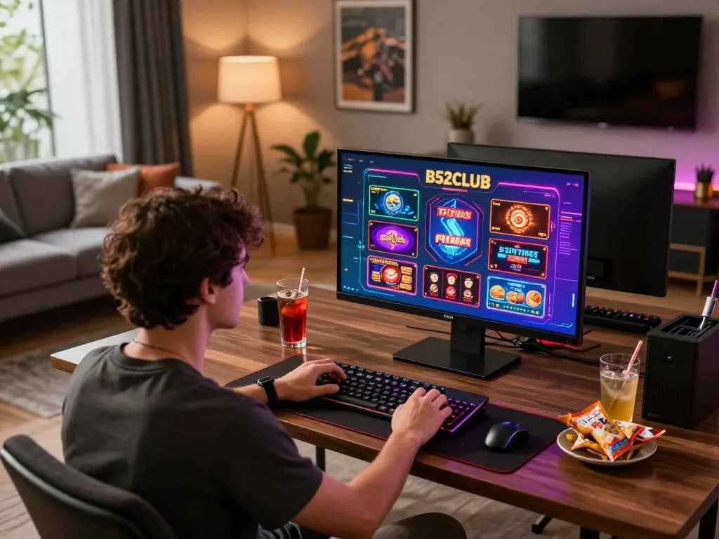 B52CLUB player engages in thrilling online gaming session at home with immersive visuals.