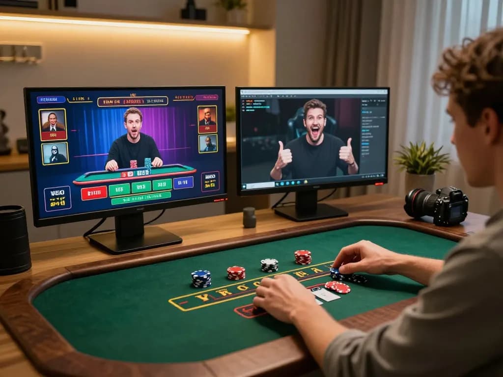 Engaged player using manclub for blackjack at home gaming setup