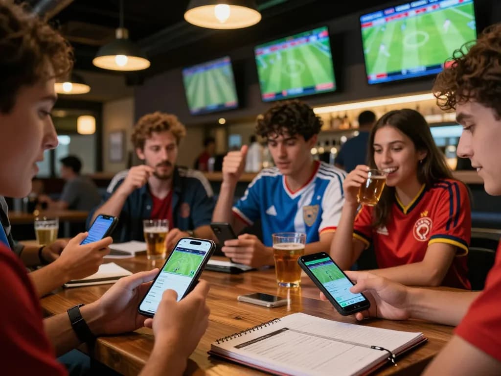Soi kèo bóng đá analysis in an exciting sports bar atmosphere with fans placing bets and watching live games
