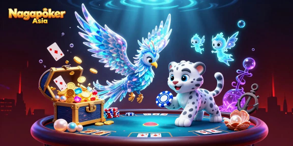 Nagapoker Asia showcases a captivating 3D casino scene with mythical creatures, vibrant colors, and poker elements.