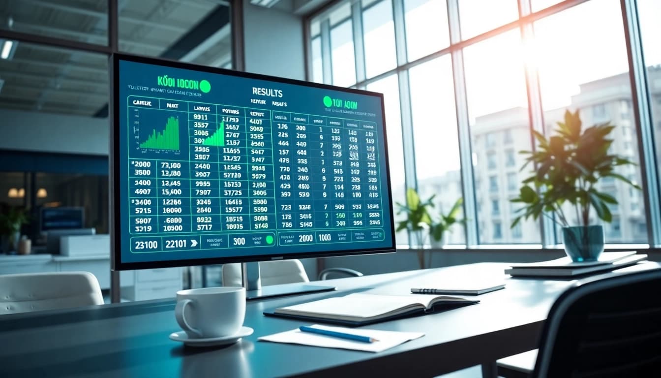 Kqxs hôm nay displayed on a modern digital lottery board in a vibrant office setting.