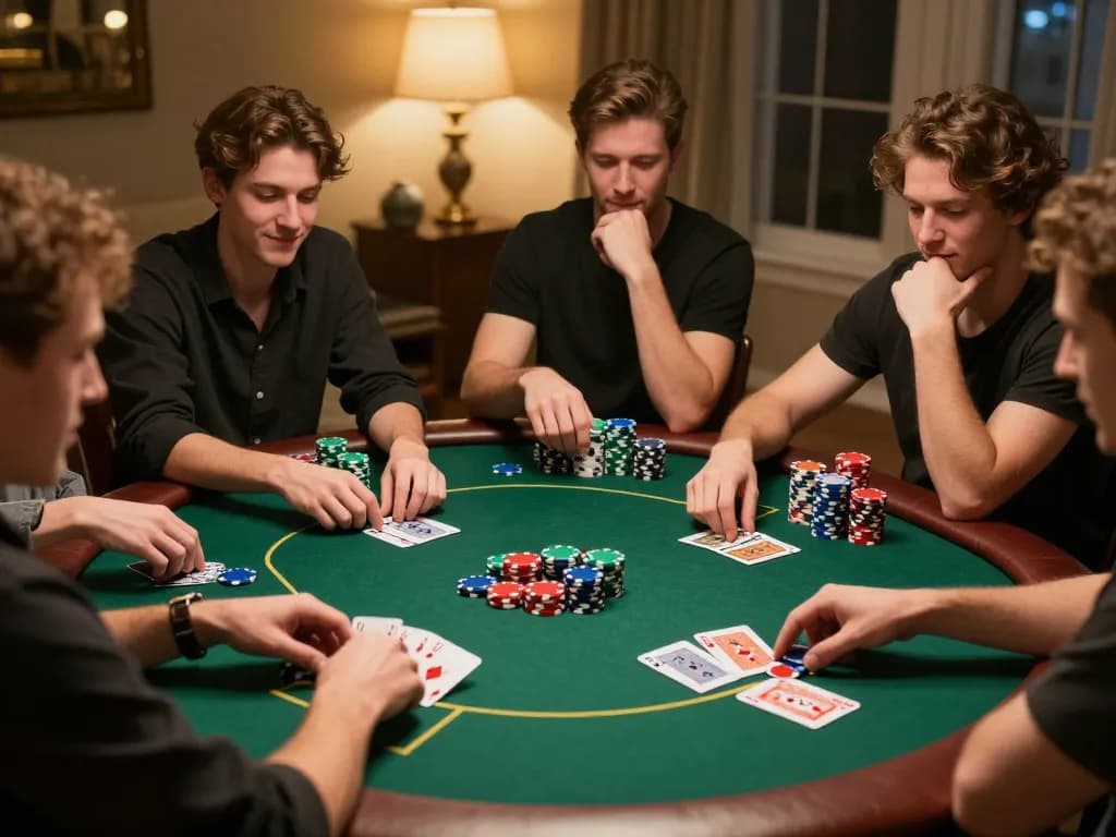 Main poker lapak303 game session showing players enjoying a vibrant home poker night atmosphere with chips and cards.