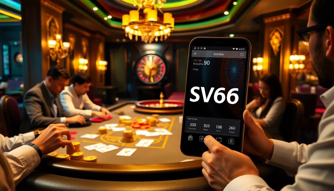 Players enjoying classic poker at a luxurious SV66 casino table with sparkling chips.
