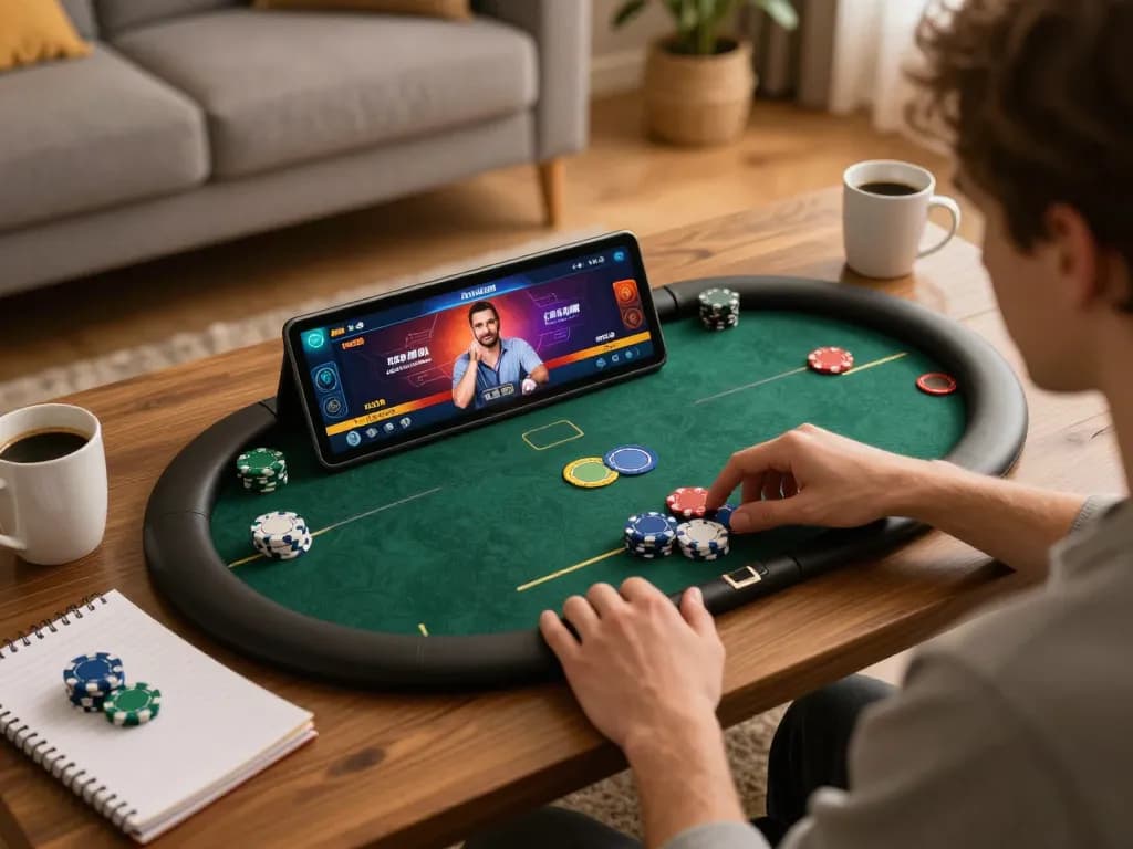 789bet player engaging in online poker with detailed interface and relaxed home environment.