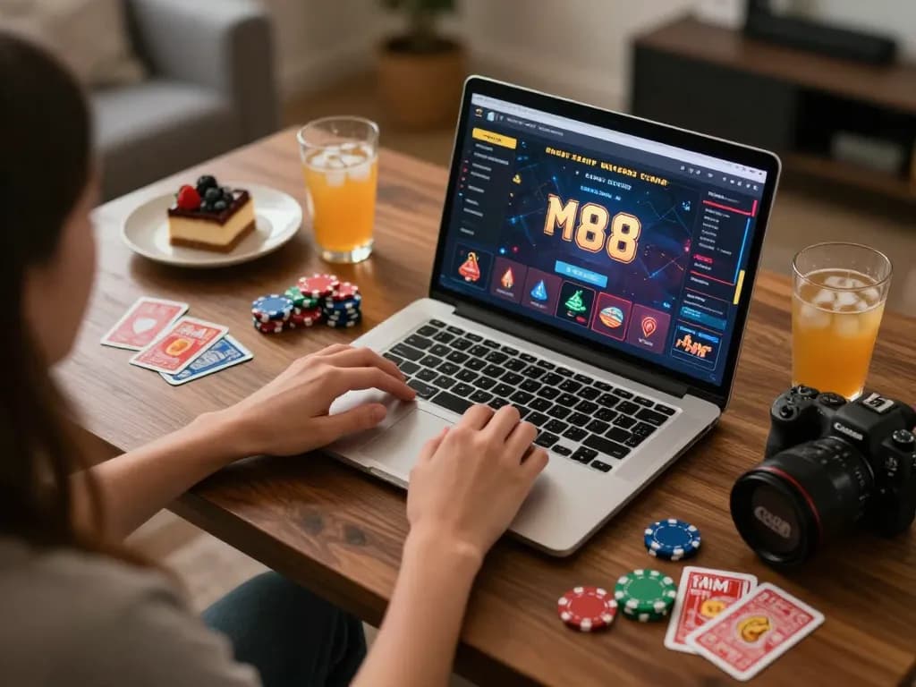 Player enjoying MM 88 online casino game with chips and cards in modern home setup.