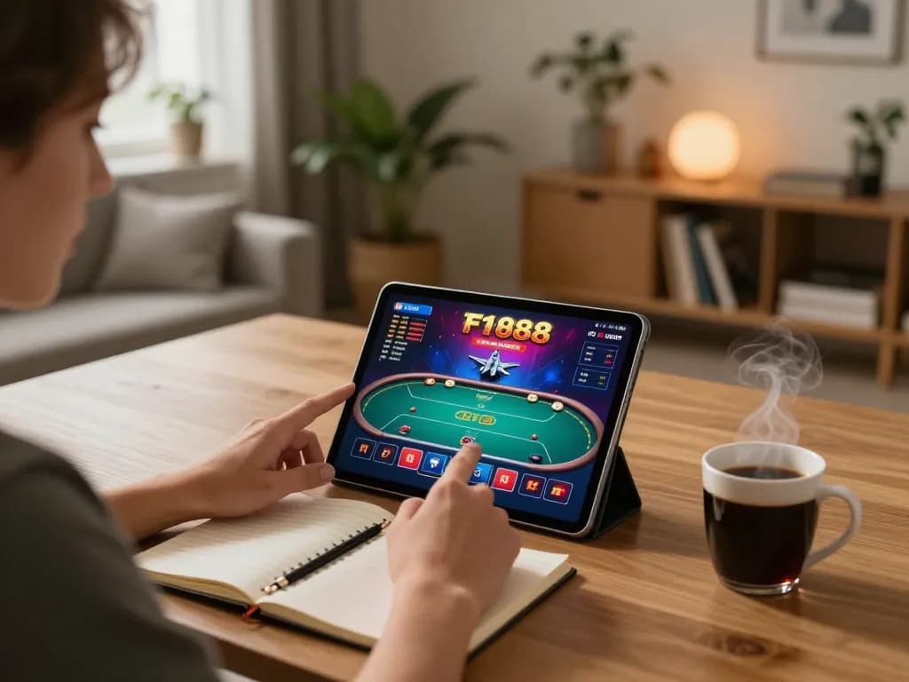 Engaging with F168 on a tablet, showcasing strategic online poker gameplay in a cozy home setting.