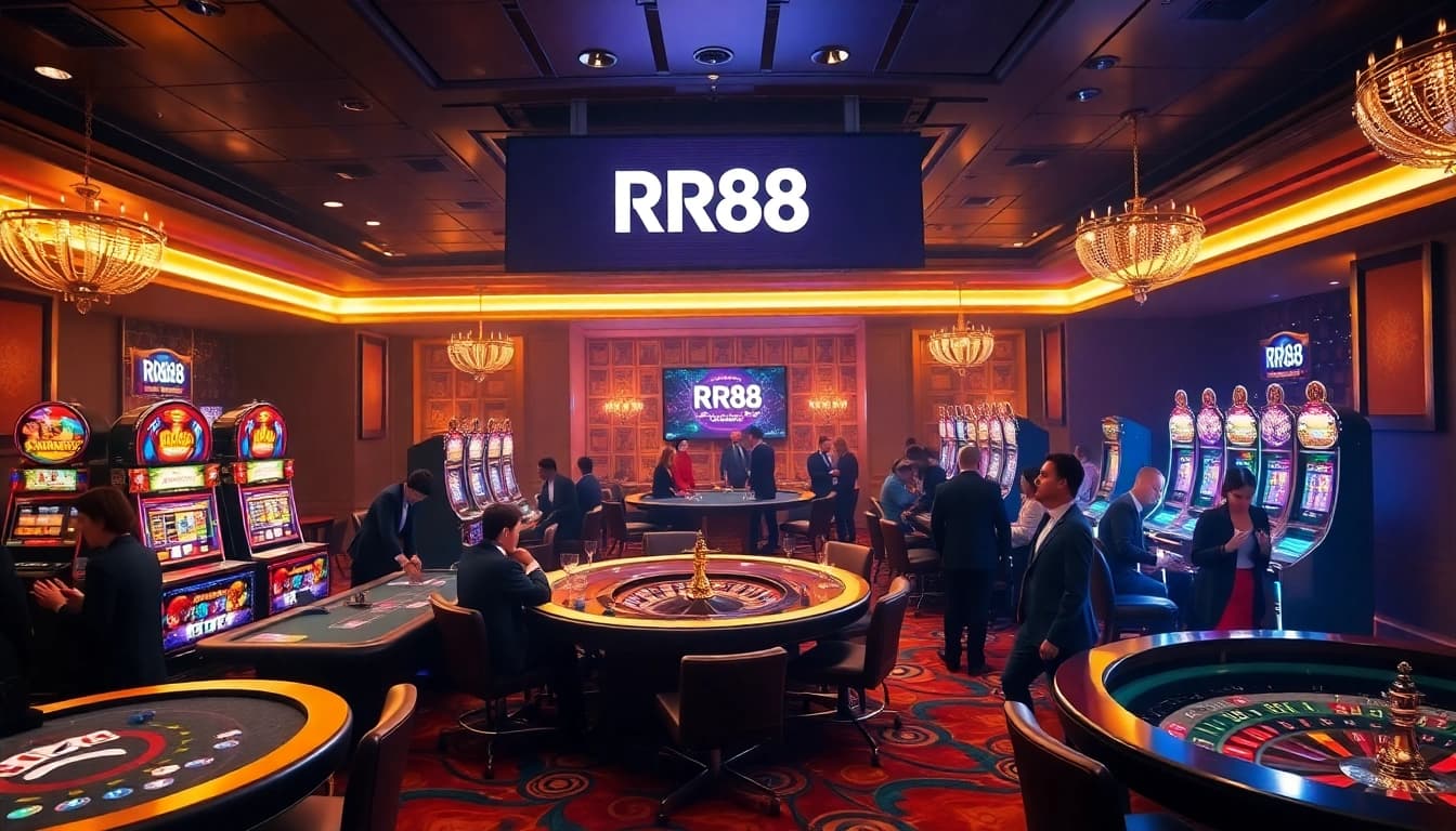 RR88 casino scene with poker tables, slot machines, and a roulette wheel.