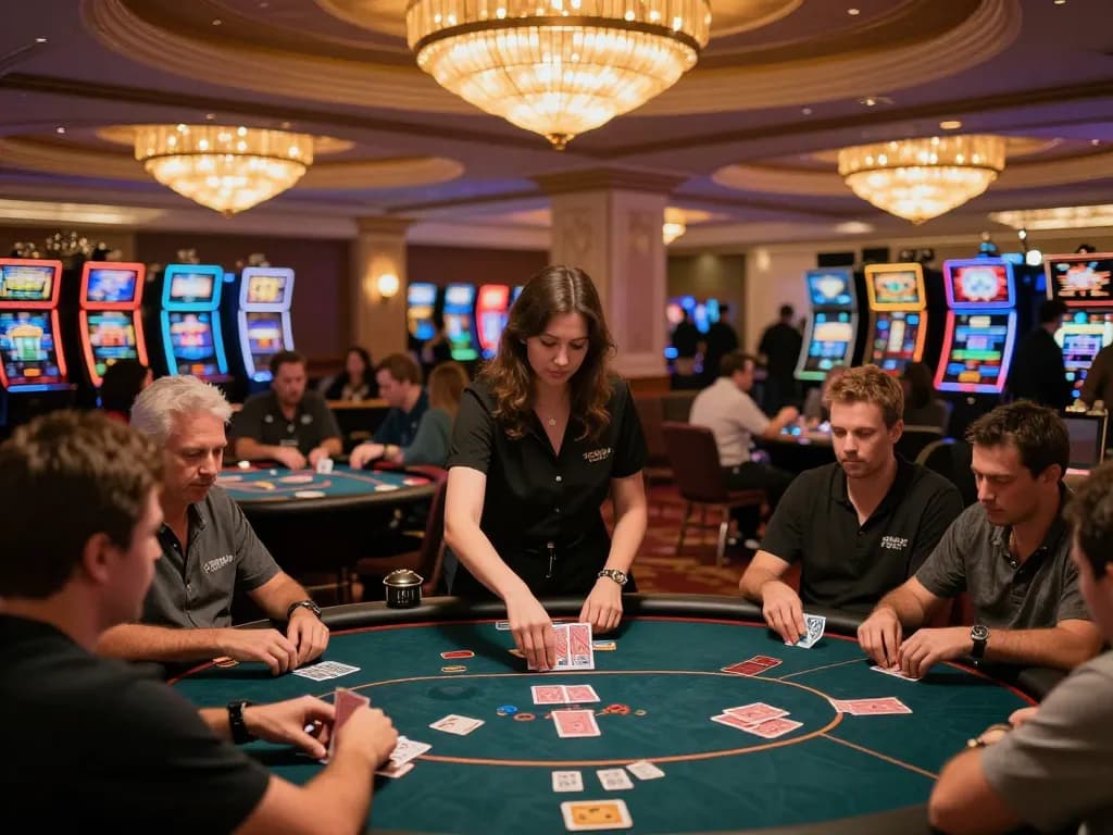 Bet88 players enjoying poker action in a bustling casino, vibrant atmosphere and professional dealers.