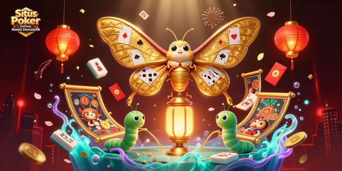 Situs Poker Online Resmi Domino88 showcases a vibrant 3D illustration of a lottery-inspired casino scene filled with playing card motifs and dynamic golden elements.
