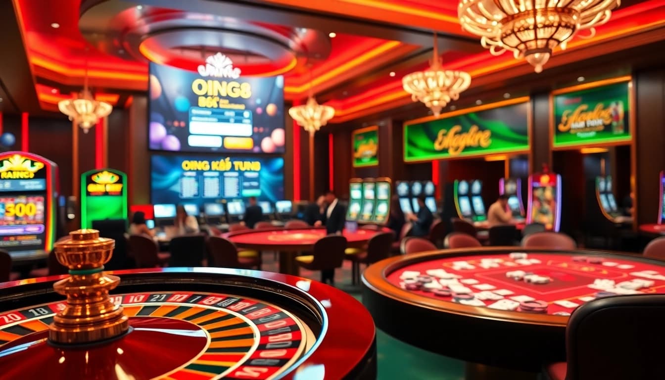Engaging scene of casino activities highlighting ĐĂNG KÝ B8 with roulette wheel and players enjoying high-stakes games.
