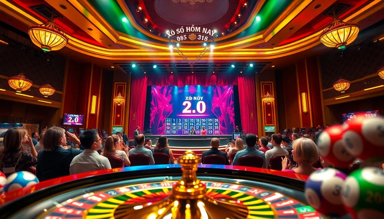 Xổ số hôm nay lottery draw with excited audience, elegant atmosphere, and vibrant colors.
