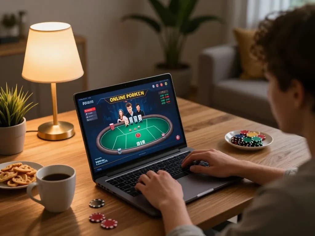 Player engaging with gem88 online poker game on laptop, snacks and coffee enhancing gaming experience.