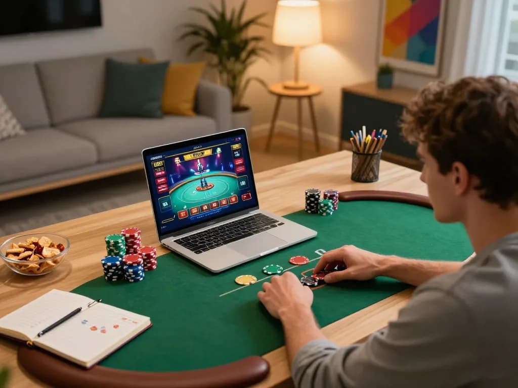 Player enjoying an online poker game with mk8th platform in a cozy home setting.