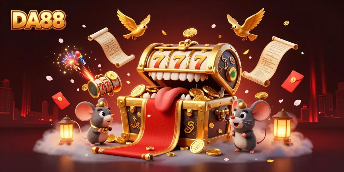 Experience the thrill of DA88 slots with a treasure chest and casino magic in a vibrant scene.