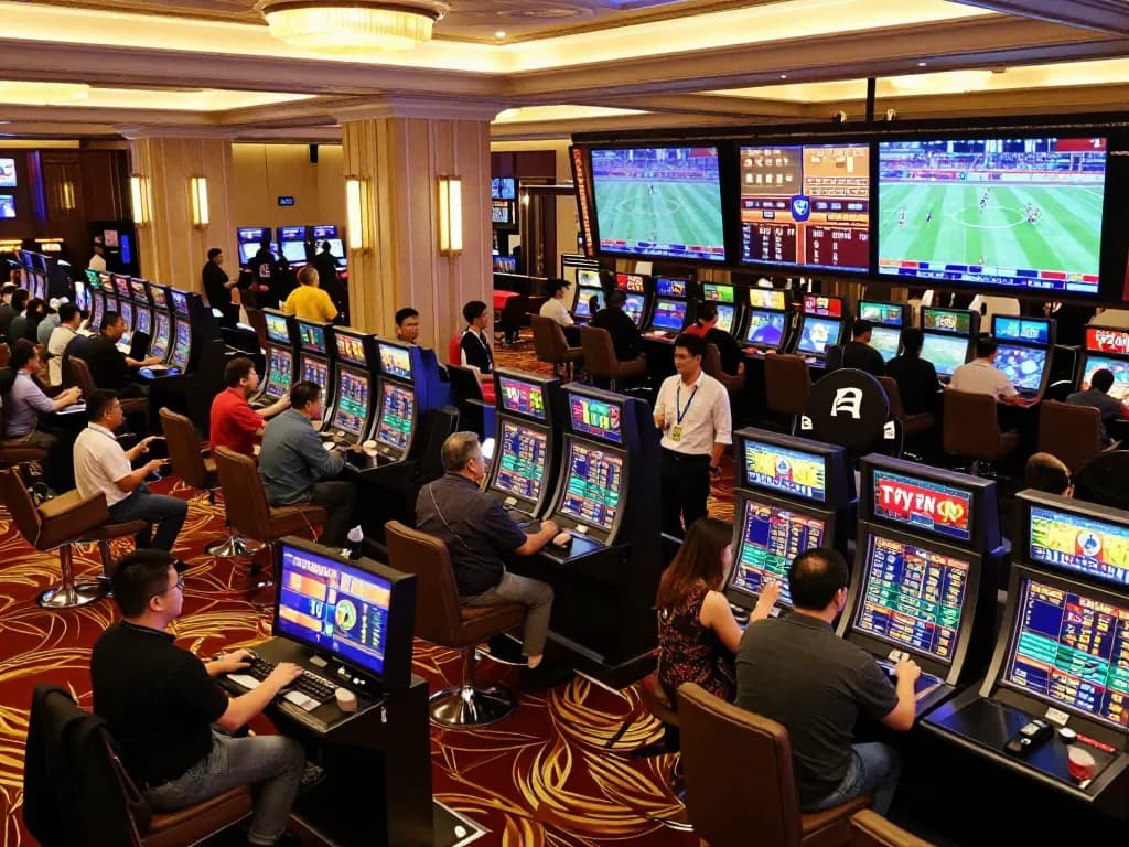 Tỷ lệ kèo nhà cái hôm nay captured as bettors engage intensely in a lively sports betting area, showcasing enthusiasm and strategic betting.
