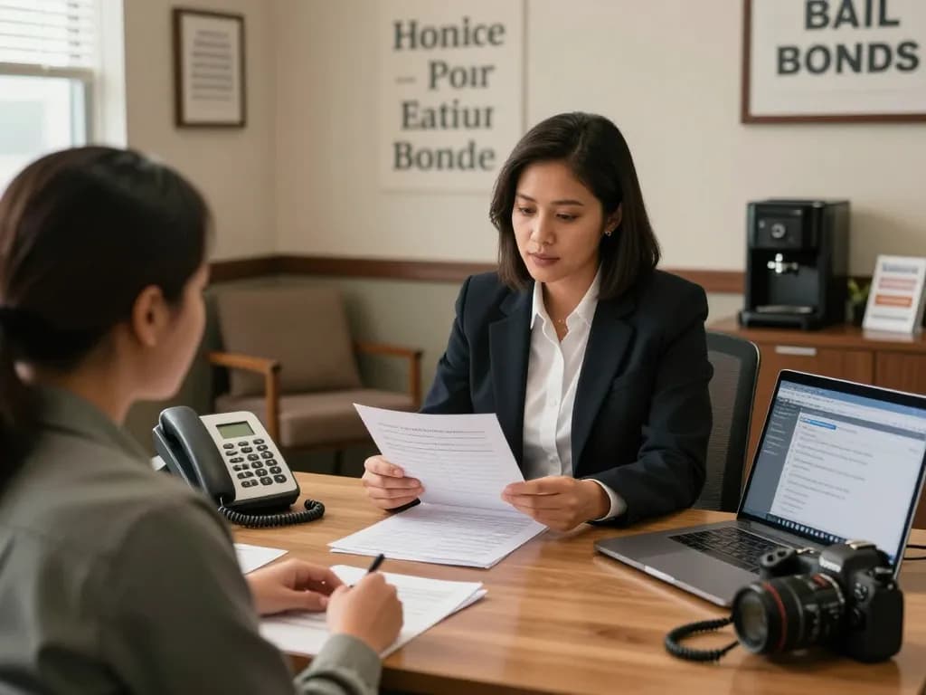 Bail Bonds agent assisting a client in a welcoming office, showcasing understanding and professionalism.