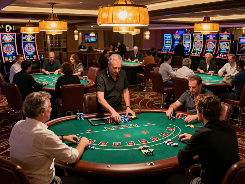 Players engage competitively at hbet poker tables in a luxurious casino environment
