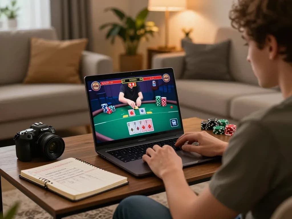 Player enjoying an online poker game on RR88, with laptop displayed and strategy notes on the table.