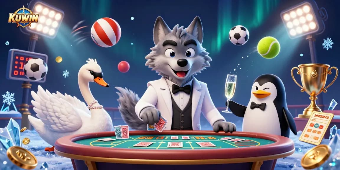 Experience thrilling gameplay at KUWIN with a debonair wolf, elegant swan, and penguin sommelier.