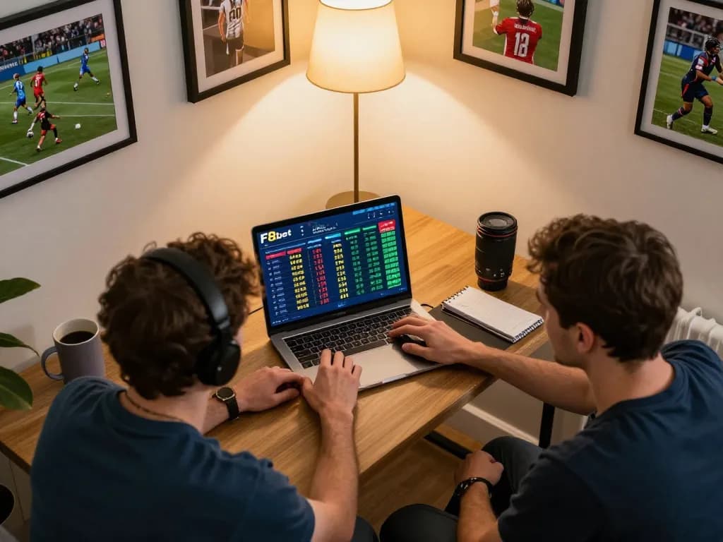 Player analyzing odds and placing bets on F8bet interface in a cozy home setting