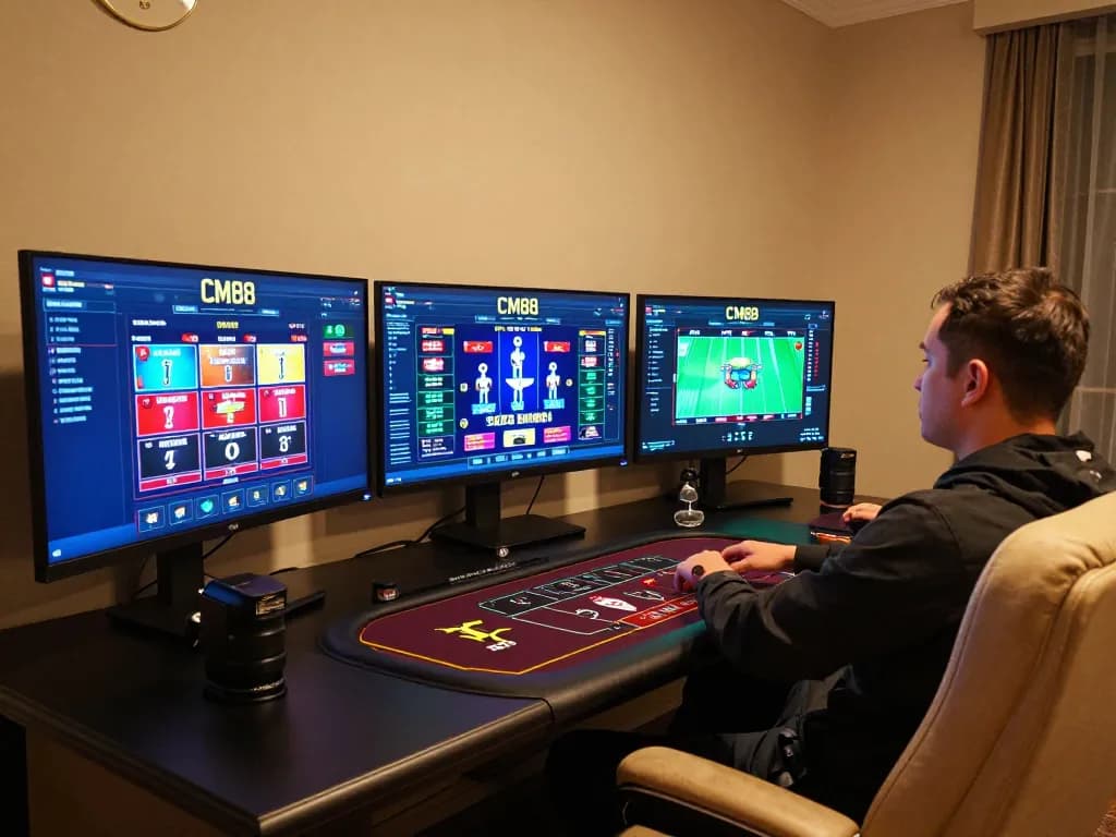 CM88 player engaging in live online gaming experience with multiple screens showing bets and games.