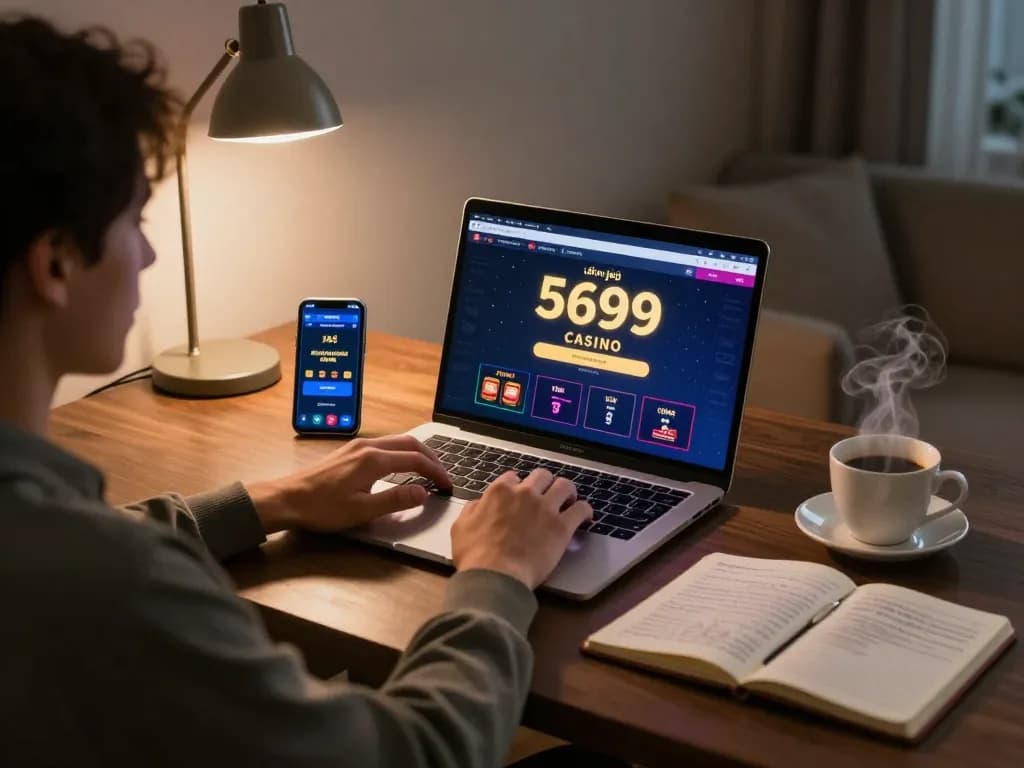 Engaging with đăng nhập 5699 casino platform on a laptop in a cozy home office, highlighting strategic gaming.