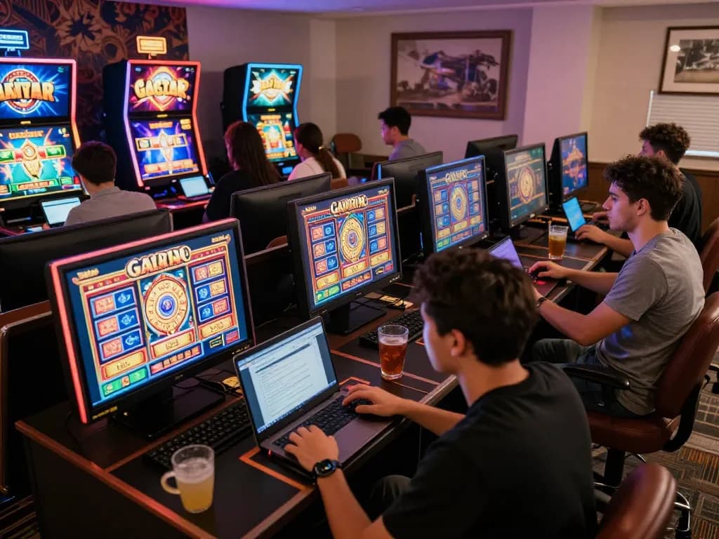 Engaged player selecting options on a slot gacor hari ini game in a lively online casino atmosphere