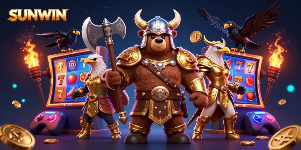 Experience thrilling slots at SUNWIN with a Viking berserker bear and Valkyrie eagle in an action-packed gaming scene.
