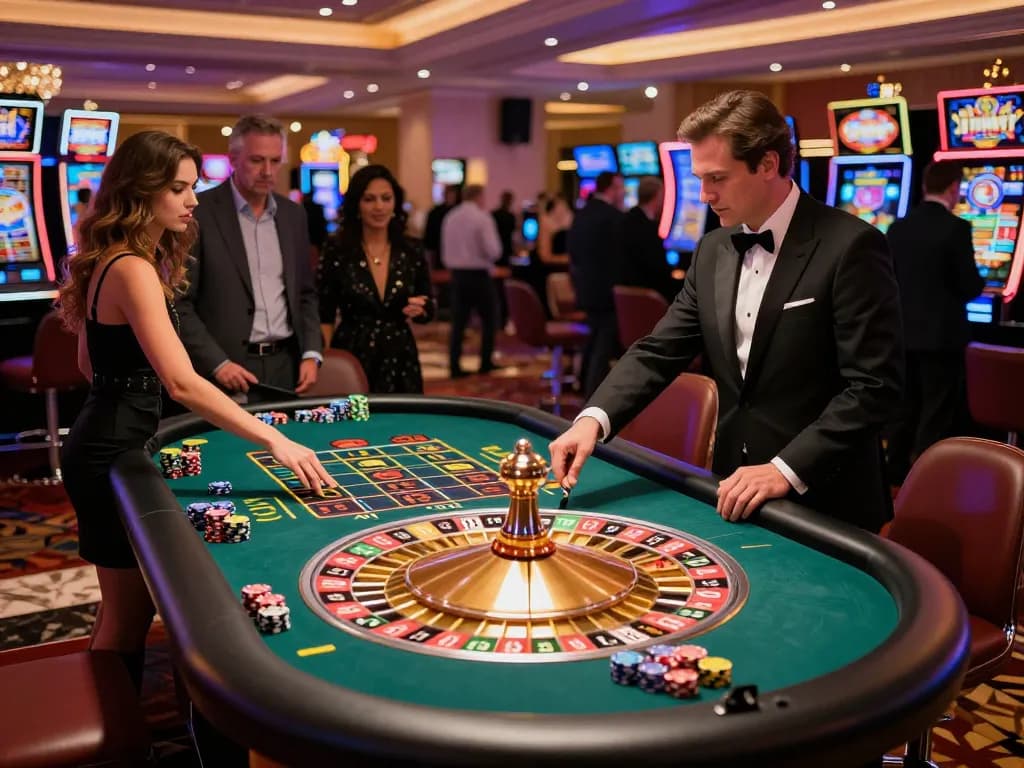 C168 players strategizing bets at an exciting roulette table in a luxurious Vegas casino.