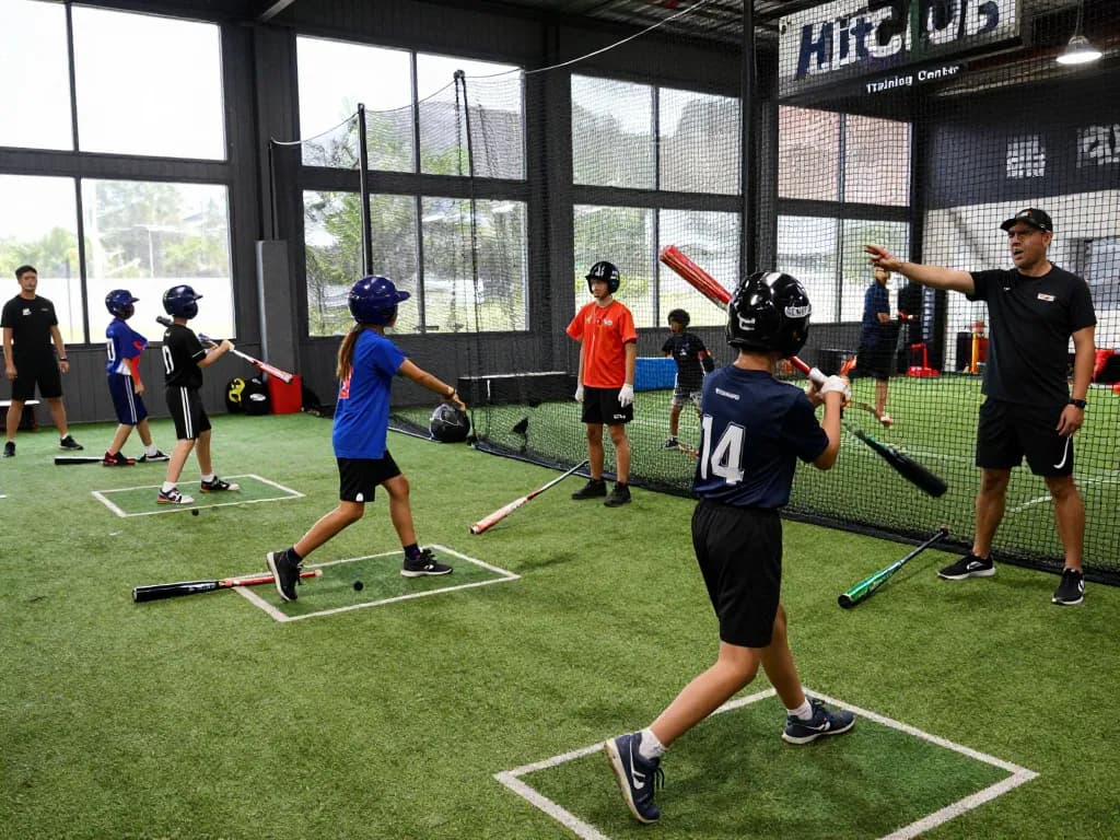 Hitclub athletes training in an indoor batting cage, showcasing teamwork and determination