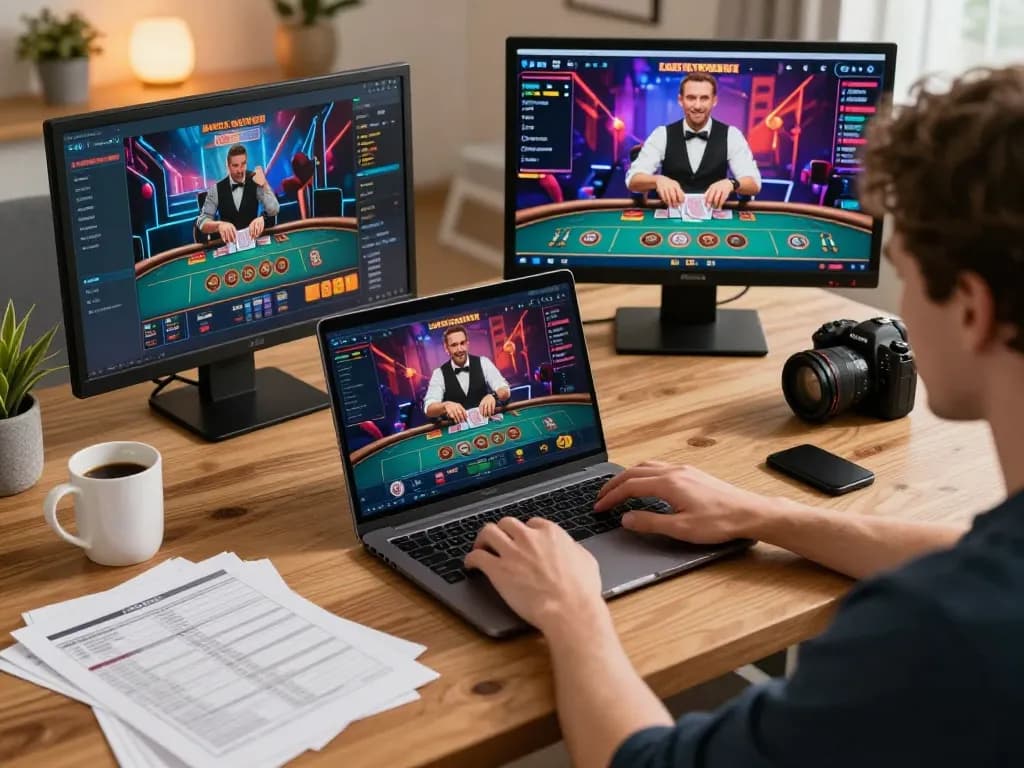 Player engaging in a live dealer game on laptop at home, showcasing C168 gaming experience and strategy