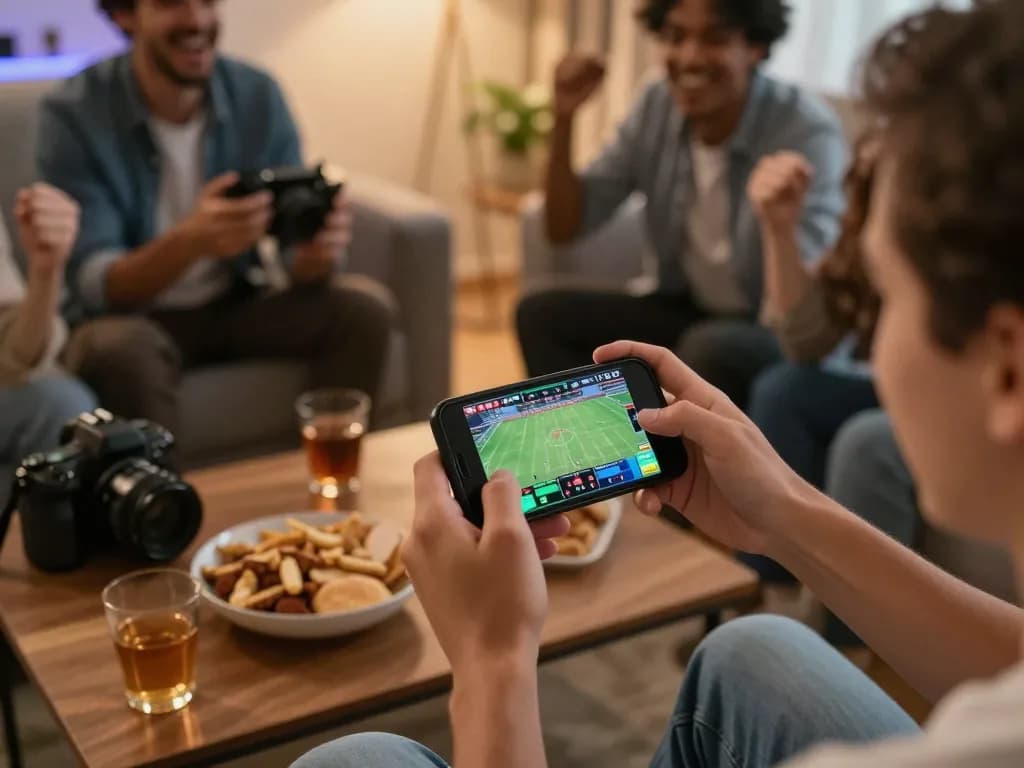 Engaging in the thrill of tr88 bet sports betting on a smartphone with friends cheering around