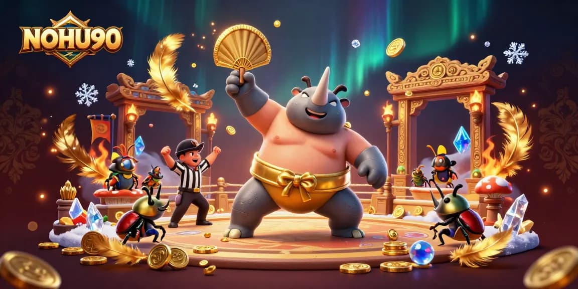 Experience the thrill of NOHU90 with a vibrant scene of beetle champions and gold coins in an action-packed casino.