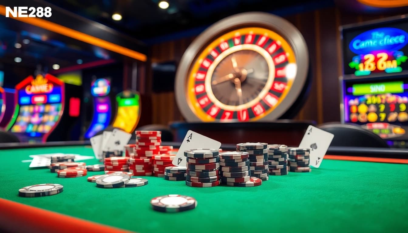 Experience excitement at NHÀ CÁI BEM88 with high-stakes poker and vibrant casino visuals.