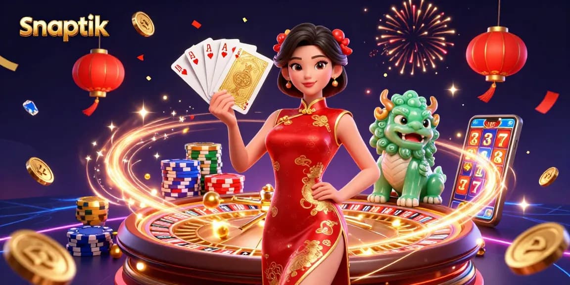 snaptik enhances your gaming strategy with vibrant casino elements and a lively 3D illustration.