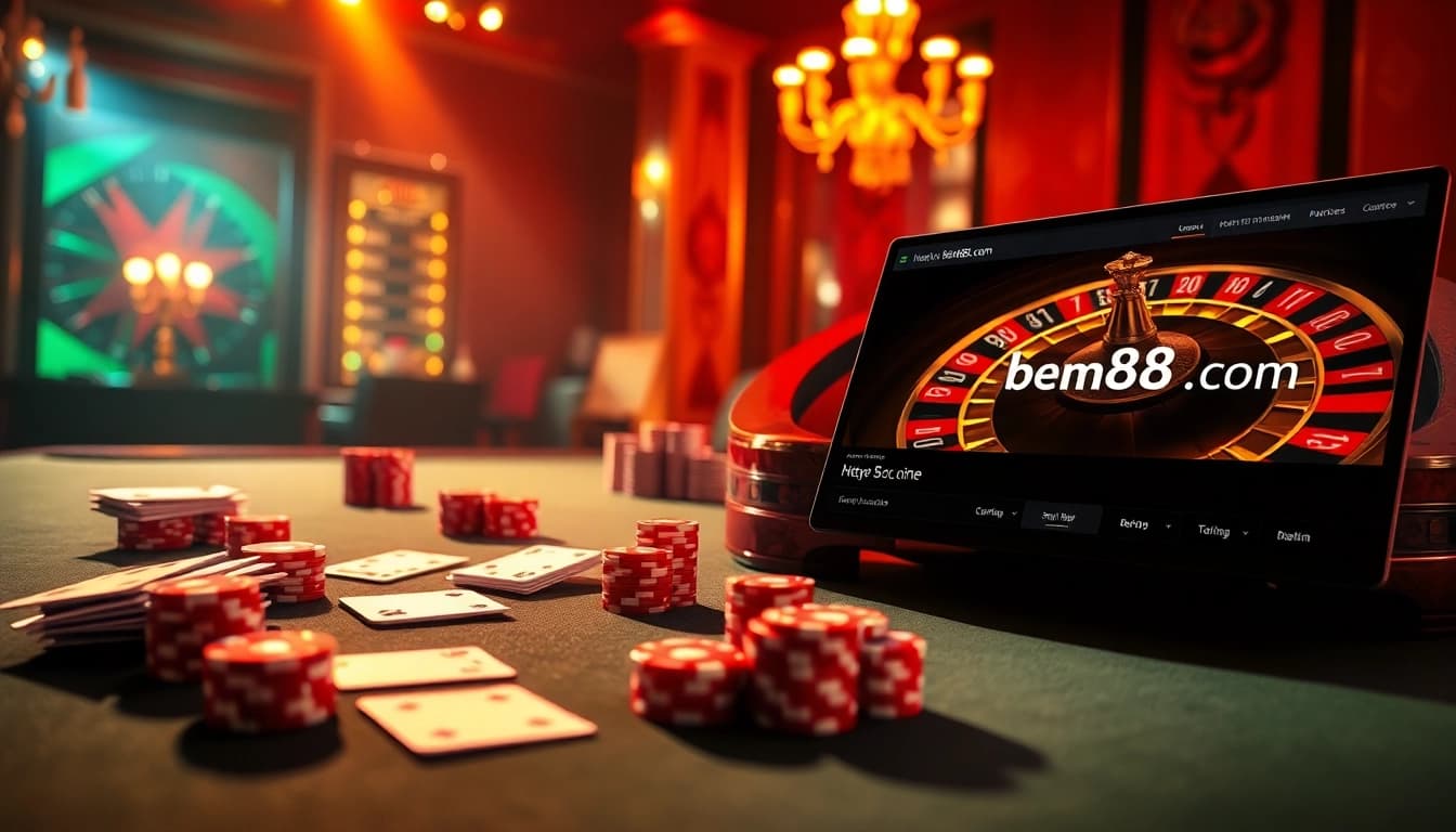 A vibrant casino scene with poker chips and cards featuring https://bem88.com depicting excitement and luxury in gambling.